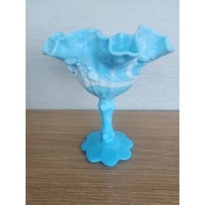 Vintage Fenton Blue White Slag Glass Cabbage Rose Open Compote Bowl Ruffled Rim‎